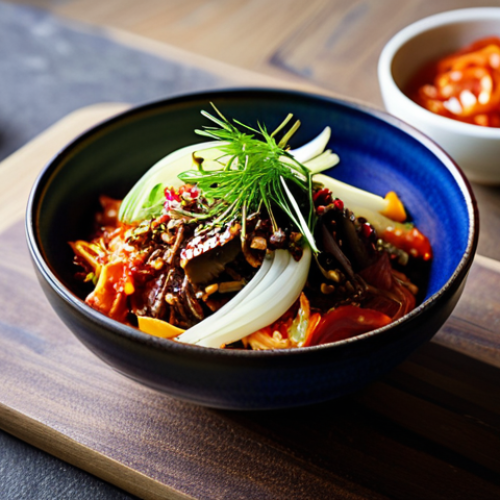 Home 4 A professional close-up shot of a Korean-inspired dish, showcasing a fusion of culinary traditions. A vibrant kimchi made with crisp Spanish white cabbage and smoky Pimentón de la Vera, or a rich Bulgogi prepared with tender Ternera Gallega beef and seasonal Spanish vegetables like Rioja mushrooms and Zalla purple onions. The dish is beautifully plated on a rustic wooden table, with fresh, local Spanish ingredients like garlic, olive oil, and various peppers subtly arranged in the blurred background. High-quality food photography, natural lighting, sharp focus, appetizing colors, well-composed presentation, safe for work, appropriate content, family-friendly, professional.