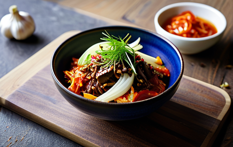 A professional close-up shot of a Korean-inspired dish, showcasing a fusion of culinary traditions. A vibrant kimchi made with crisp Spanish white cabbage and smoky Pimentón de la Vera, or a rich Bulgogi prepared with tender Ternera Gallega beef and seasonal Spanish vegetables like Rioja mushrooms and Zalla purple onions. The dish is beautifully plated on a rustic wooden table, with fresh, local Spanish ingredients like garlic, olive oil, and various peppers subtly arranged in the blurred background. High-quality food photography, natural lighting, sharp focus, appetizing colors, well-composed presentation, safe for work, appropriate content, family-friendly, professional.