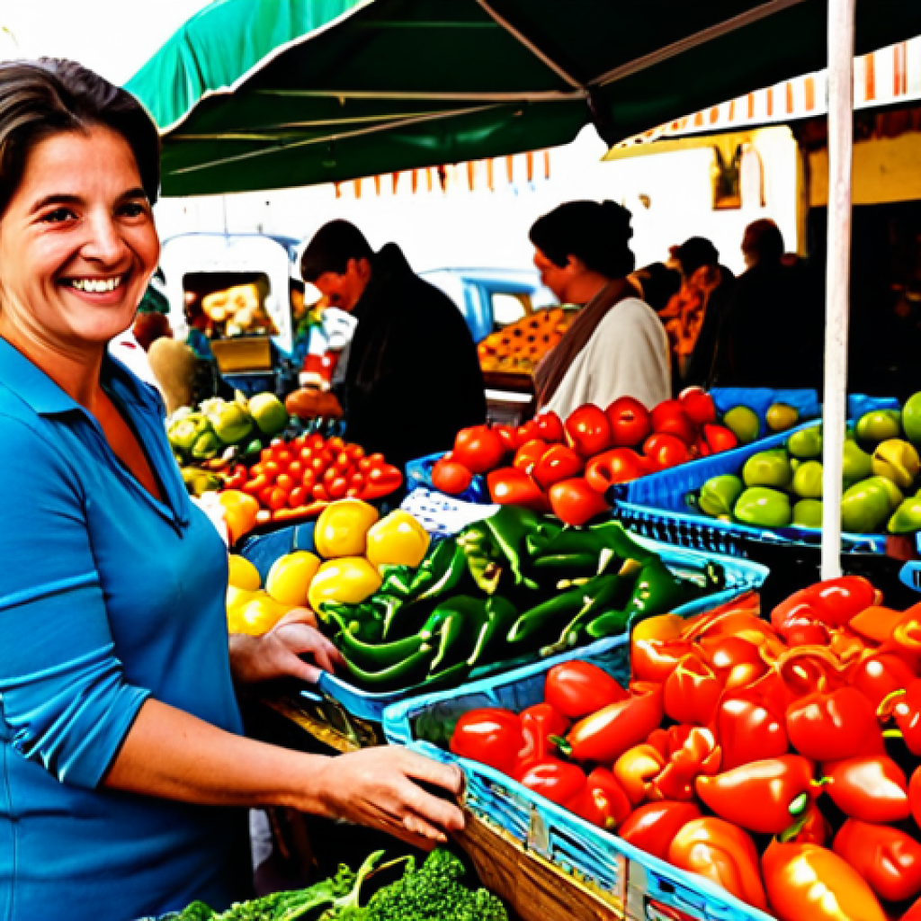**

"A vibrant farmers market scene in Seville, Spain, filled with fresh produce. A smiling woman in modest, casual clothing examines colorful peppers at a stall. Background shows other shoppers and vendors. Natural lighting. Focus on the abundance of healthy, local food. Safe for work, appropriate content, fully clothed, family-friendly, professional photography, perfect anatomy, correct proportions, natural pose."

**