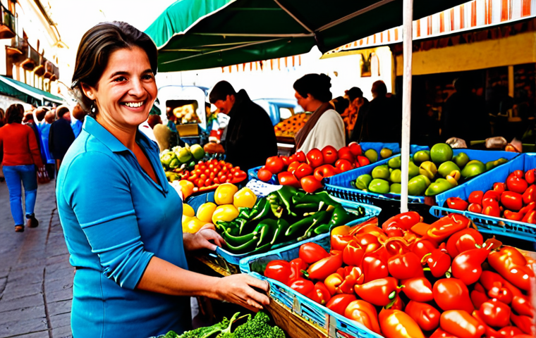 **

"A vibrant farmers market scene in Seville, Spain, filled with fresh produce. A smiling woman in modest, casual clothing examines colorful peppers at a stall. Background shows other shoppers and vendors. Natural lighting. Focus on the abundance of healthy, local food. Safe for work, appropriate content, fully clothed, family-friendly, professional photography, perfect anatomy, correct proportions, natural pose."

**