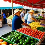 로컬푸드로 만드는 간편한 저녁 요리 - **Vibrant Local Market Scene:**
    "A bustling and vibrant outdoor farmers market scene in a quaint...