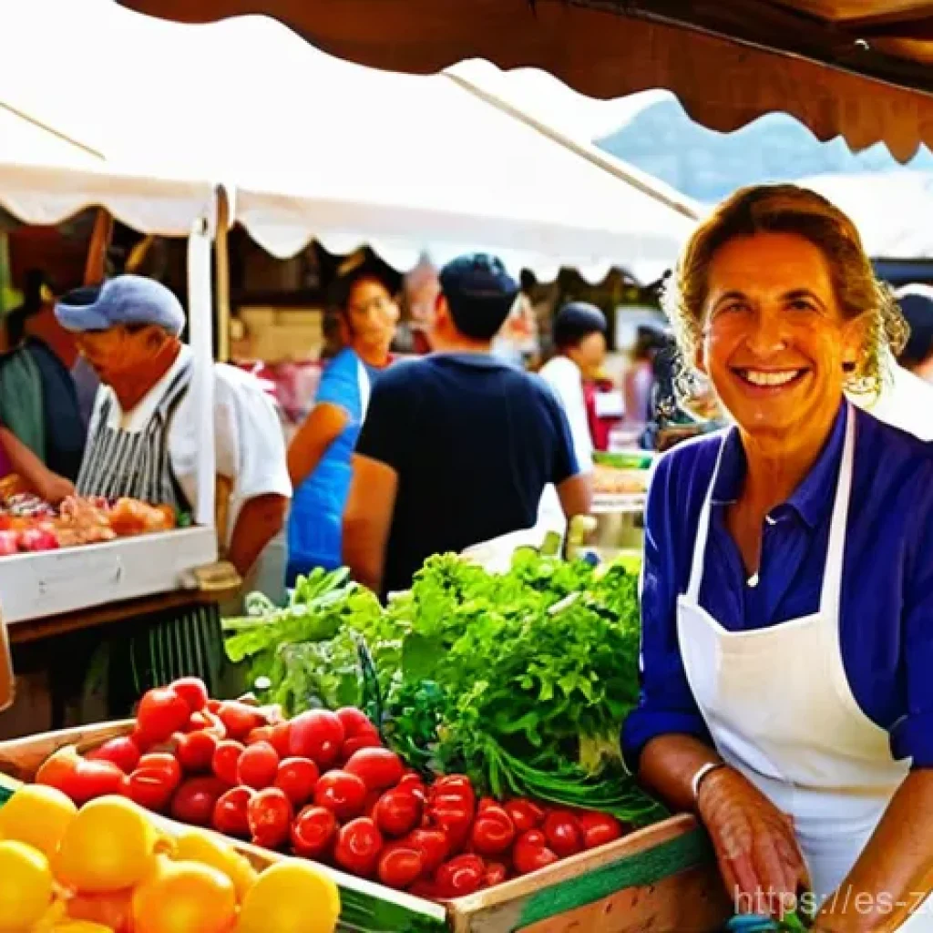 로컬푸드 재료로 시도하는 다양한 조리법 - **Prompt 1: Connecting with Local Producers**
    "A vibrant, bustling outdoor farmers' market in a ...