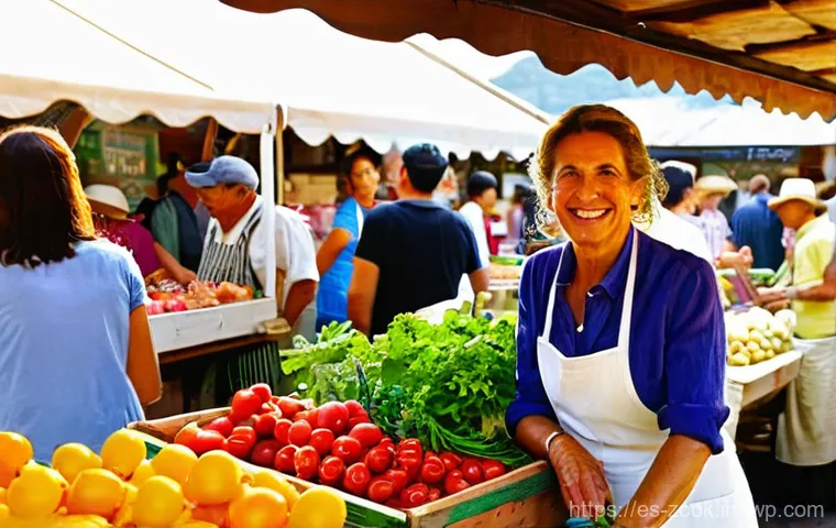 로컬푸드 재료로 시도하는 다양한 조리법 - **Prompt 1: Connecting with Local Producers**
    "A vibrant, bustling outdoor farmers' market in a ...