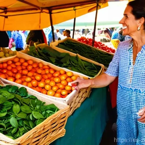 로컬푸드를 활용한 스무디 레시피 - **Prompt:** A vibrant, sun-drenched scene at a traditional Spanish farmers' market. A cheerful Spani...
