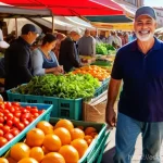 집에서 쉽게 만드는 로컬푸드 샐러드 - A bustling and vibrant Spanish farmers' market scene on a sunny morning. Stalls are overflowing with...