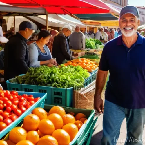 집에서 쉽게 만드는 로컬푸드 샐러드 - A bustling and vibrant Spanish farmers' market scene on a sunny morning. Stalls are overflowing with...