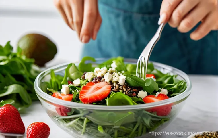 집에서 쉽게 만드는 로컬푸드 샐러드 - A bustling and vibrant Spanish farmers' market scene on a sunny morning. Stalls are overflowing with...