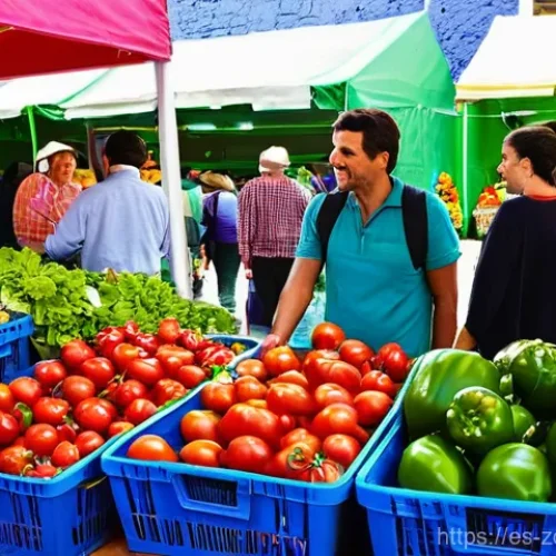 로컬푸드 재료로 풍부한 맛을 내는 소스 만들기 - **Prompt:** A vibrant, sun-drenched Spanish local farmers' market bustling with activity. Stalls ove...