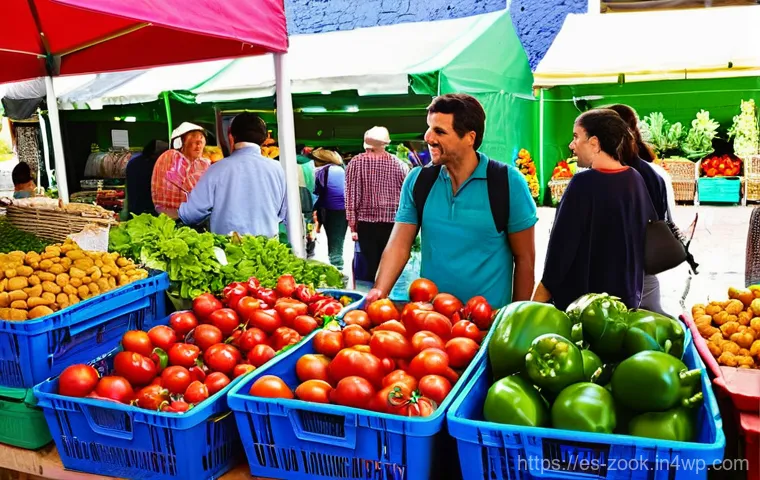 로컬푸드 재료로 풍부한 맛을 내는 소스 만들기 - **Prompt:** A vibrant, sun-drenched Spanish local farmers' market bustling with activity. Stalls ove...