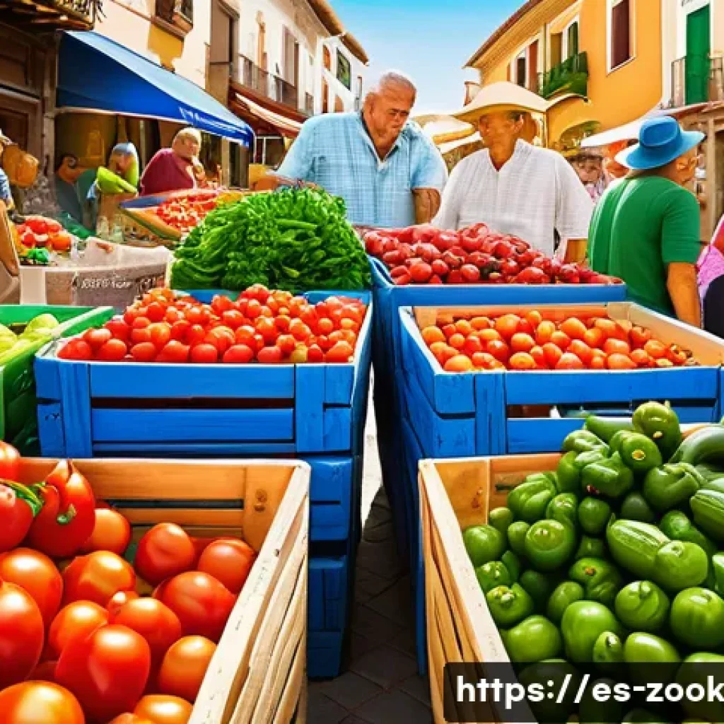 로컬푸드 활용한 특별한 여름 요리 - A vibrant summer farmers market scene in a Spanish village, featuring colorful stalls overflowing wi...