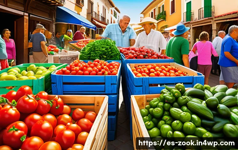 로컬푸드 활용한 특별한 여름 요리 - A vibrant summer farmers market scene in a Spanish village, featuring colorful stalls overflowing wi...