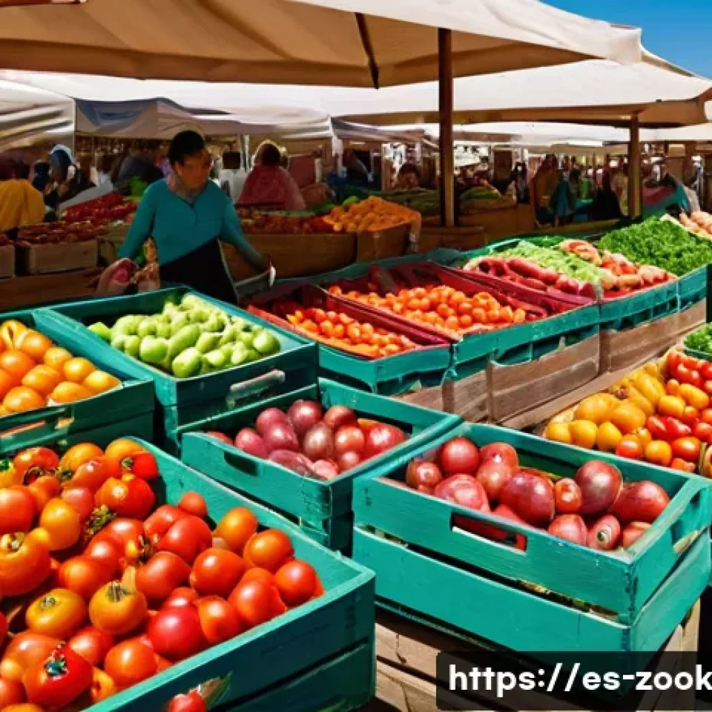 로컬푸드 활용한 손쉬운 조리 팁 - A vibrant local farmer’s market scene in Spain during early morning, showcasing fresh seasonal produ...