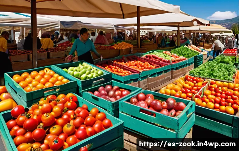 로컬푸드 활용한 손쉬운 조리 팁 - A vibrant local farmer’s market scene in Spain during early morning, showcasing fresh seasonal produ...