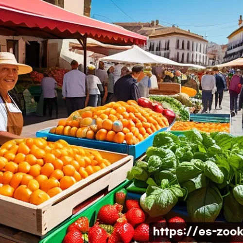 로컬푸드 기반의 다이어트 요리법 - A vibrant farmer&rsquo;s market scene in a sunny Spanish town square, with colorful stalls overflowing wit...