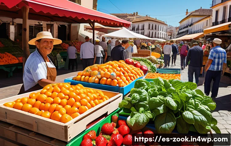 로컬푸드 기반의 다이어트 요리법 - A vibrant farmer’s market scene in a sunny Spanish town square, with colorful stalls overflowing wit...
