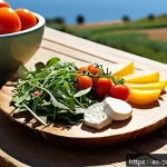 로컬푸드로 만드는 집에서 즐기는 피크닉 요리 - A vibrant picnic scene featuring a rustic wooden table set outdoors in a sunny Spanish countryside. ...
