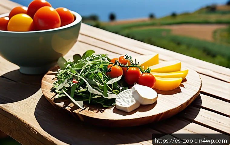 로컬푸드로 만드는 집에서 즐기는 피크닉 요리 - A vibrant picnic scene featuring a rustic wooden table set outdoors in a sunny Spanish countryside. ...