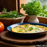 로컬푸드 활용한 색다른 오믈렛 레시피 - A rustic Spanish kitchen scene featuring a freshly cooked omelette on a colorful ceramic plate, garn...