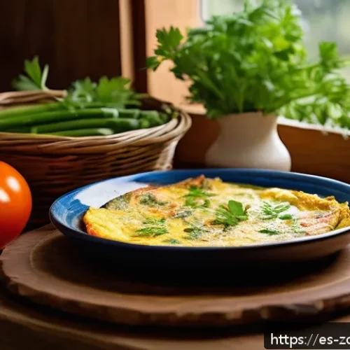 로컬푸드 활용한 색다른 오믈렛 레시피 - A rustic Spanish kitchen scene featuring a freshly cooked omelette on a colorful ceramic plate, garn...