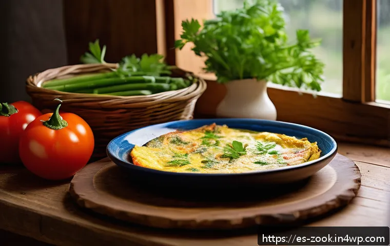 로컬푸드 활용한 색다른 오믈렛 레시피 - A rustic Spanish kitchen scene featuring a freshly cooked omelette on a colorful ceramic plate, garn...