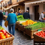 로컬푸드 재료로 만드는 간단한 저녁 메뉴 - A vibrant local farmers market scene in Spain during a sunny morning, showcasing colorful seasonal v...