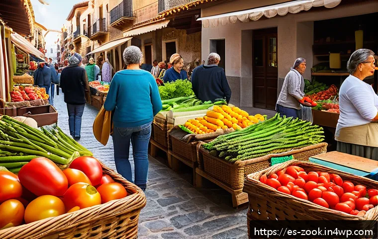 로컬푸드 재료로 만드는 간단한 저녁 메뉴 - A vibrant local farmers market scene in Spain during a sunny morning, showcasing colorful seasonal v...