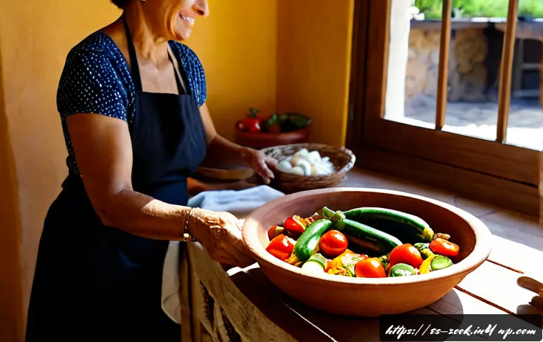 로컬푸드 재료로 만드는 진정한 홈메이드 요리 - Photorealistic Spanish home kitchen scene, a middle-aged woman preparing a vibrant homemade vegetabl...